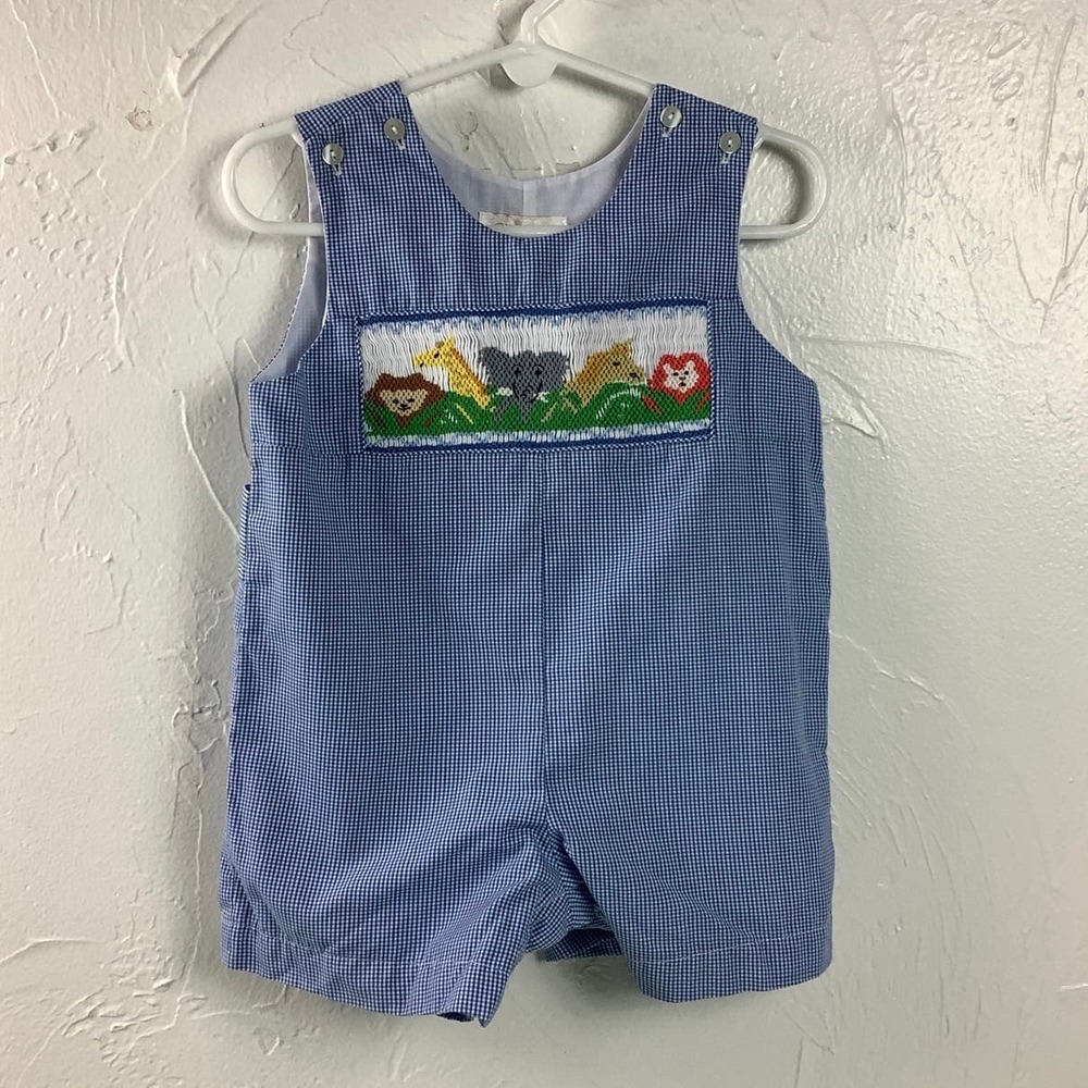 Sir John Smocked Friendly Zoo Checkered Short Jumper boy Size 12M EUC